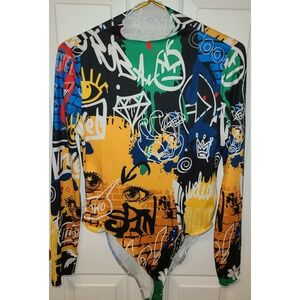Sz Lg Graphic Graffiti Basquat Print Long Sleeve Top Bodysuit Mock Neck HipHop